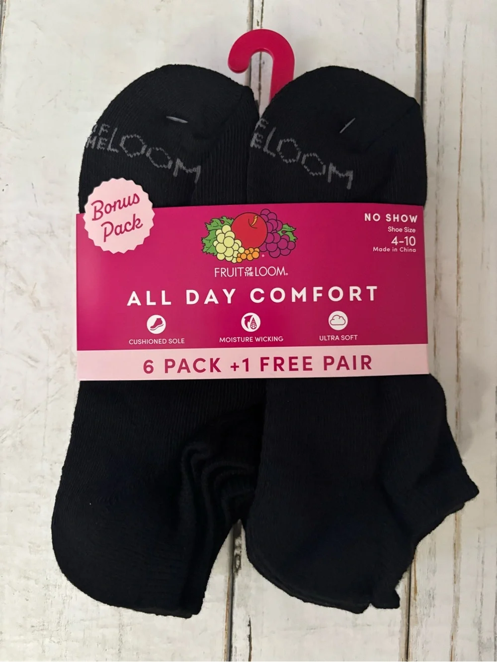 Fruit of the Loom Black No-Show Casual Socks - 6 Pack +1 Bonus